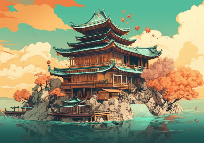 国潮风水上的古建筑山峰树木祥云背景插画承德避暑山庄,插画/手绘图,插画/手绘图库,插画/手绘图下载,插画/手绘